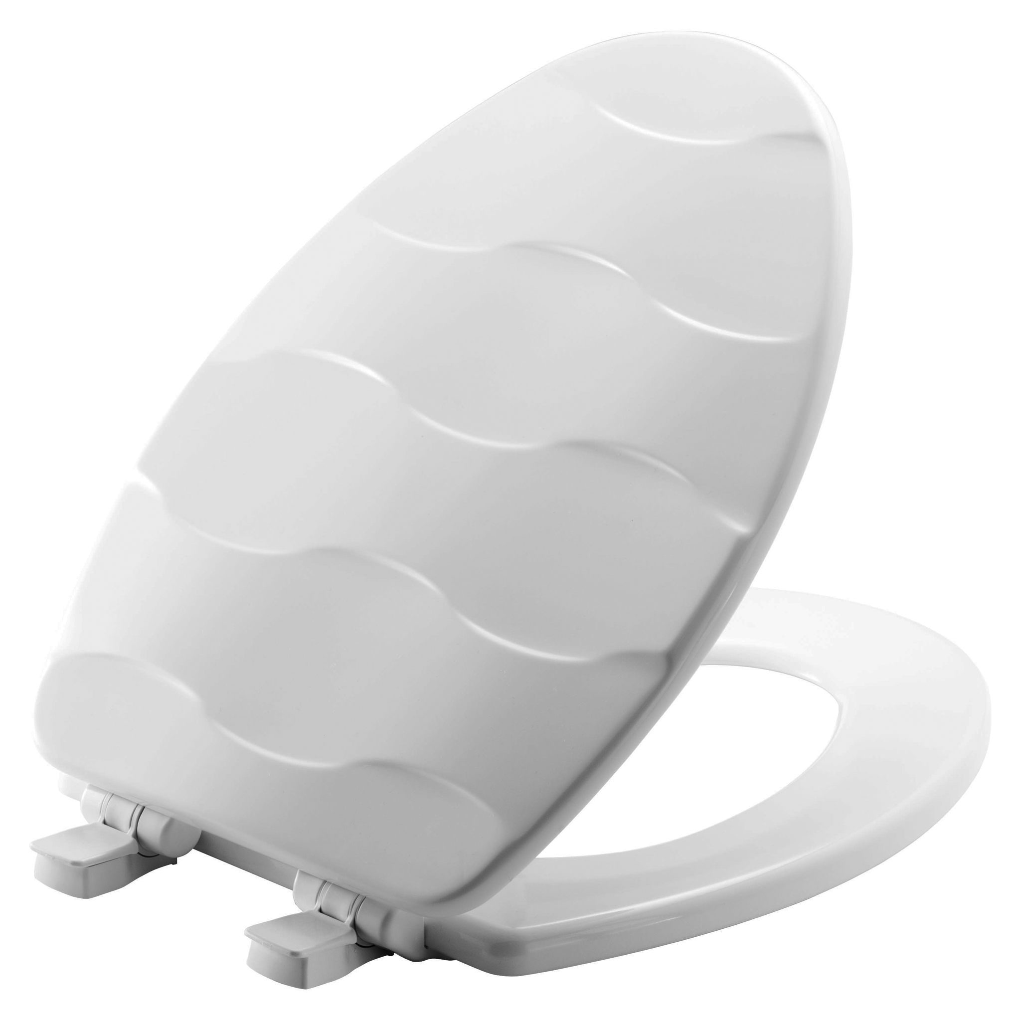Asiento para sanitario Basket Weave™ alargado color blanco de madera esculturado con Bisagras Ajustables, Cierre Lento y Fácil Limpia y Cambia™