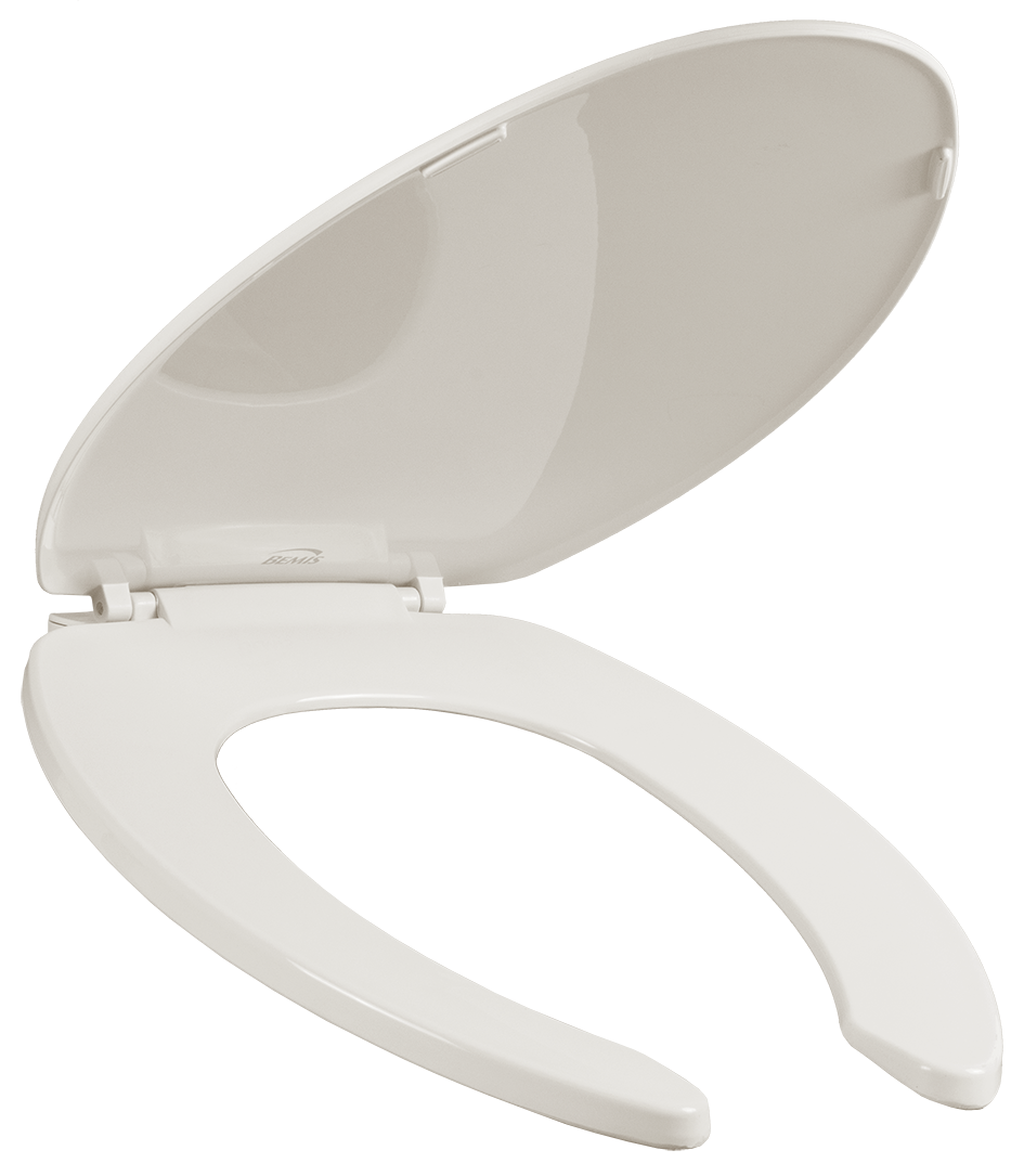 Asiento para sanitario de plástico alargado frente abierto con tapa color hueso bisagra ajustable 175AR