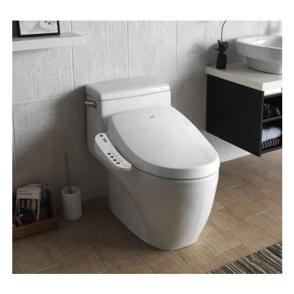 Asiento bidet para sanitario USPA A7 alargado color blanco de plástico con con iluminación LED nocturna, control de temperatura en asiento, doble boquilla y presión de agua ajustable