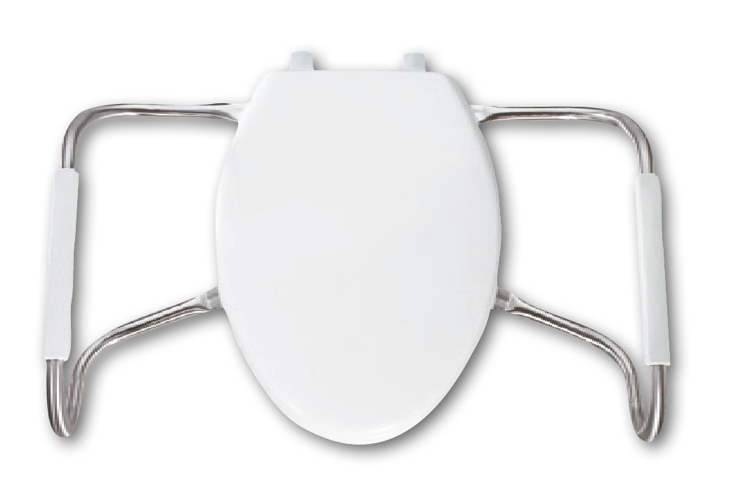 Asiento para sanitario alargado color blanco de plástico con brazos de acero inoxidable