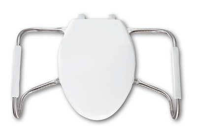 Asiento para sanitario alargado color blanco de plástico con brazos de acero inoxidable