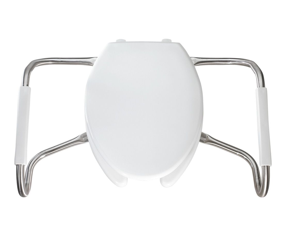 Asiento para sanitario alargado color blanco de plástico con brazos de acero inoxidable
