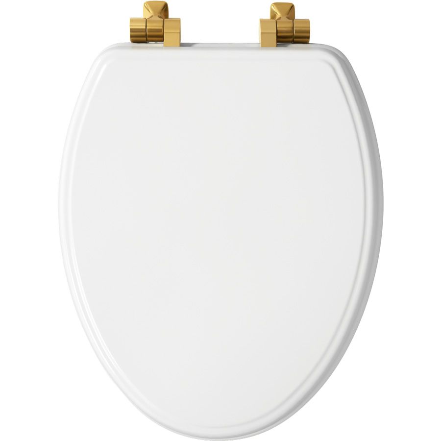 Asiento para sanitario Weston™ alargado blanco de madera con bisagras color oro cepillado