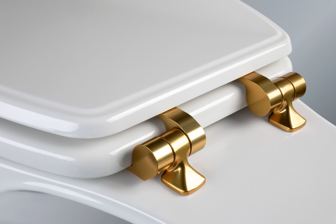 Asiento para sanitario Weston™ alargado blanco de madera con bisagras color oro cepillado