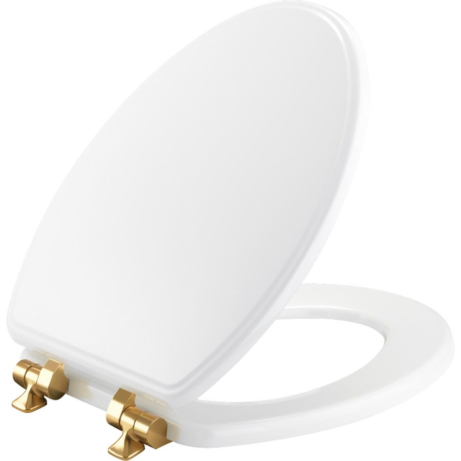 Asiento para sanitario Weston™ alargado blanco de madera con bisagras color oro cepillado