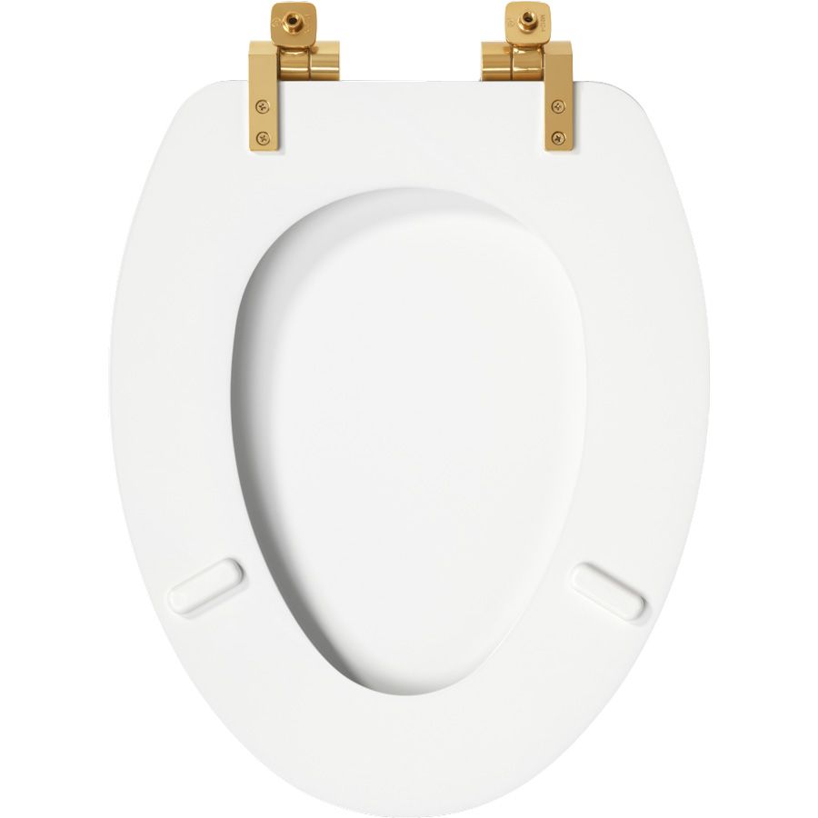 Asiento para sanitario Weston™ alargado blanco de madera con bisagras color oro cepillado