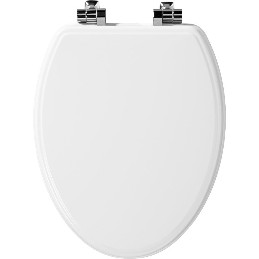 Asiento para sanitario Weston™ alargado blanco de madera, bisagras cromadas