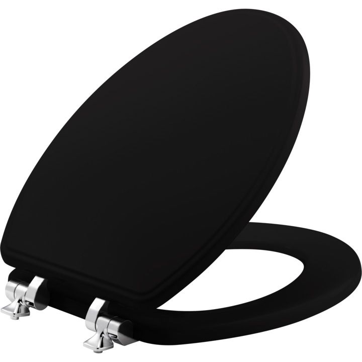 Asiento para sanitario Weston™ alargado negro de madera con bisagras cromadas