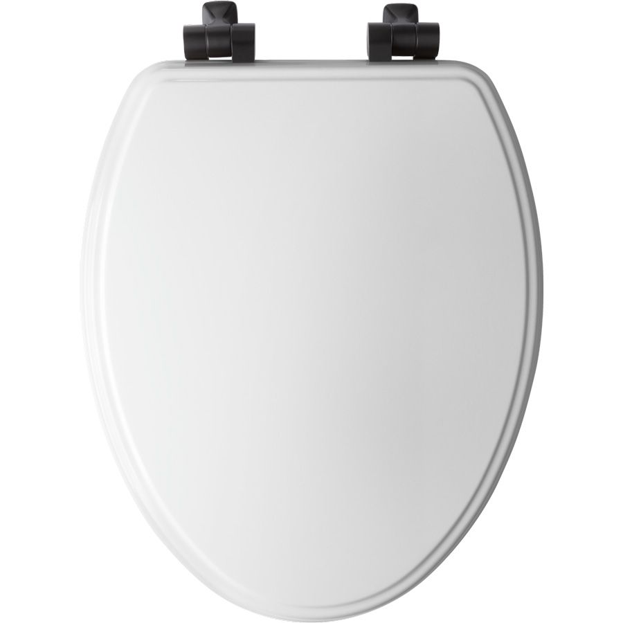 Asiento para sanitario Weston™ alargado blanco de madera con bisagras color negro mate