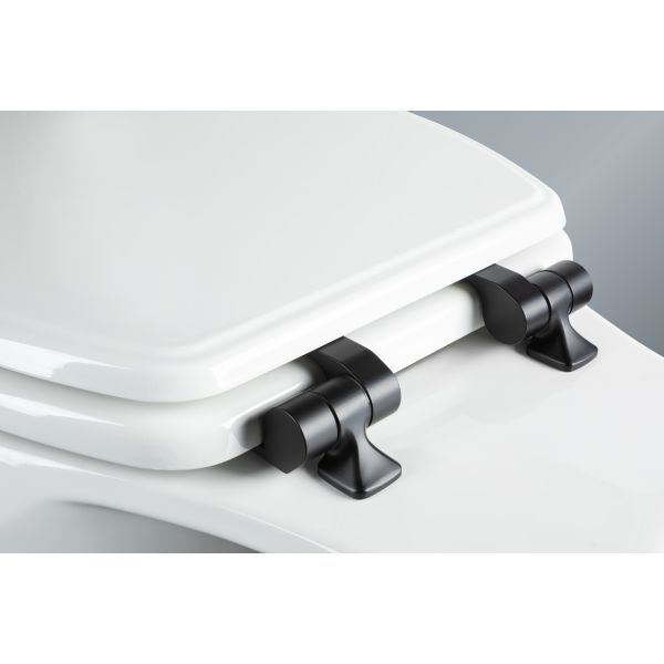 Asiento para sanitario Weston™ alargado blanco de madera con bisagras color negro mate