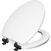 Asiento para sanitario Weston™ alargado blanco de madera con bisagras color negro mate