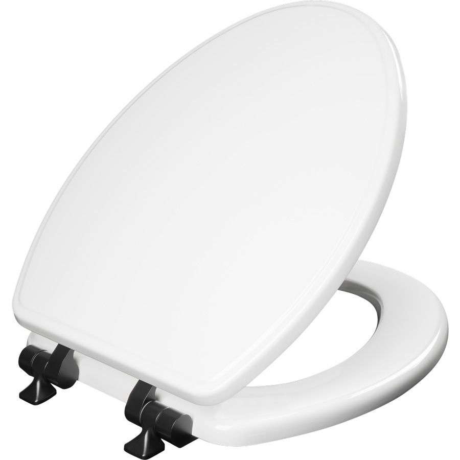 Asiento para sanitario Weston™ alargado blanco de madera con bisagras color negro mate