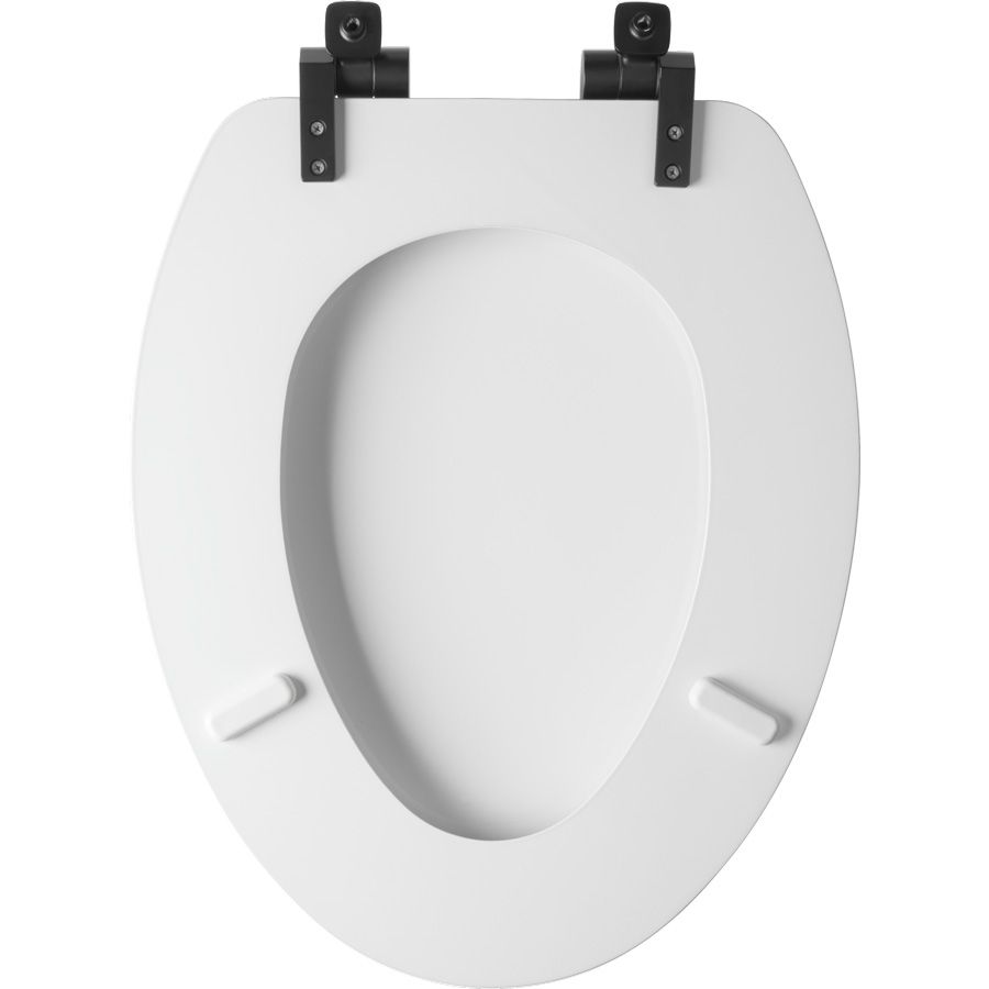 Asiento para sanitario Weston™ alargado blanco de madera con bisagras color negro mate