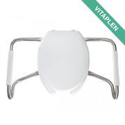 Asiento para sanitario alargado color blanco de plástico con brazos de acero inoxidable