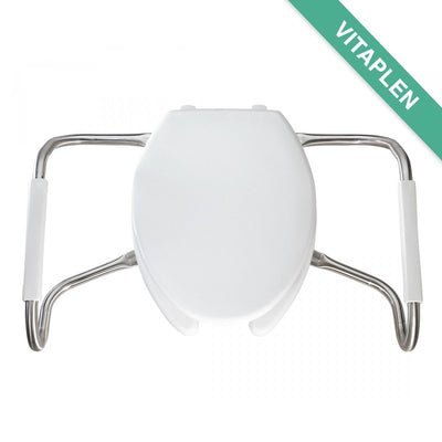 Asiento para sanitario alargado color blanco de plástico con brazos de acero inoxidable